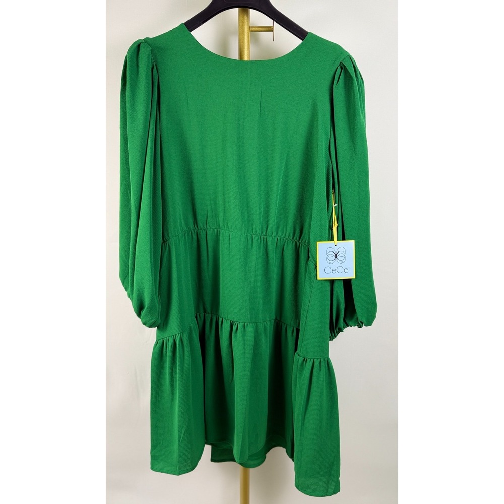 CeCe Green Puff‎ Sleeve Tiered Short Dress Size Large Lined Crepe Textured NWI - Picture 2 of 16